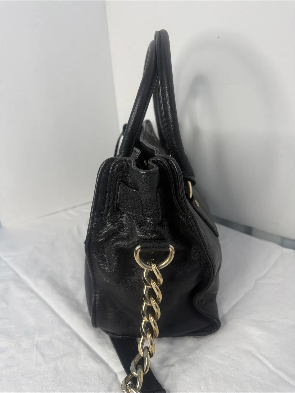 Classic Black Leather Satchel Handbag with Gold Hardware